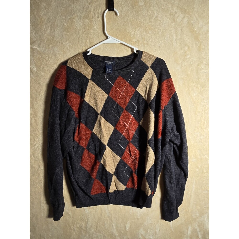 Dockers Argyle Sweater Mens XL Blk Gray Diamond Checkered Long Sleeve E716.  245